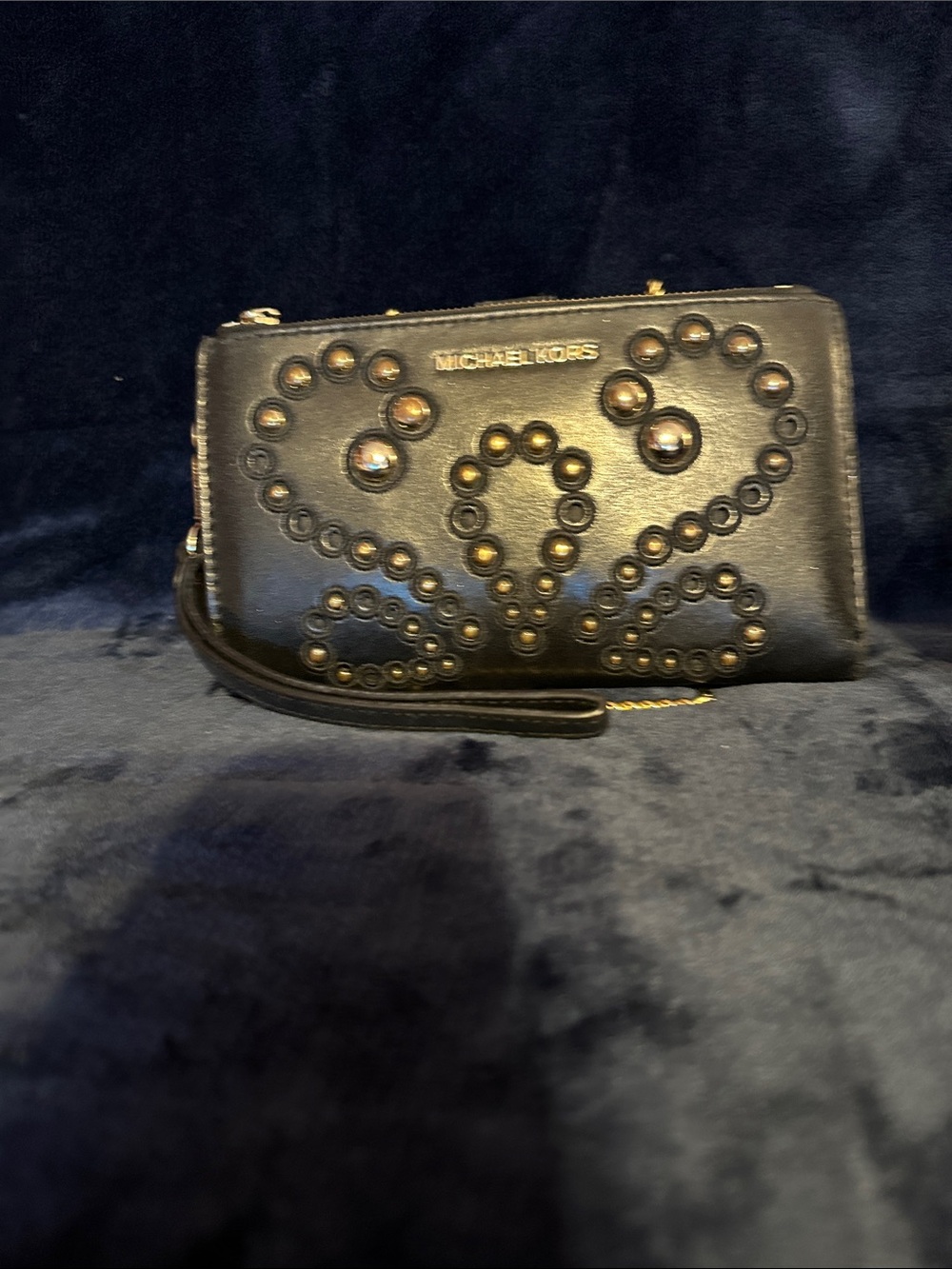 Michael Kors Black Leather Studded Wristlet Clutch with Gold Accents